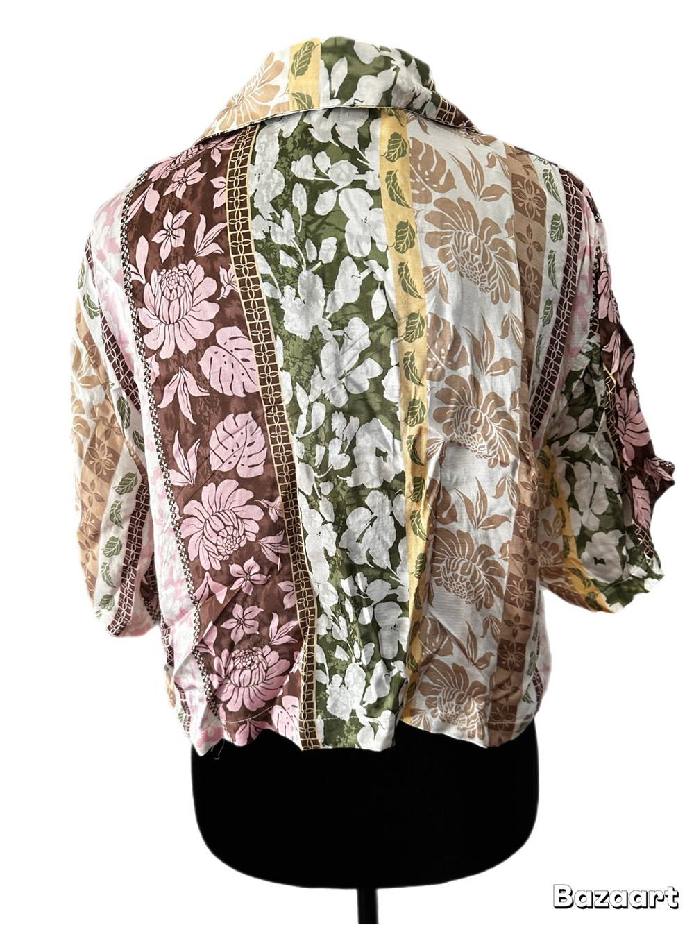 Satin Floral Patchwork Print Button Shirt - Pink, Brown, Green size small - Picture 4 of 10